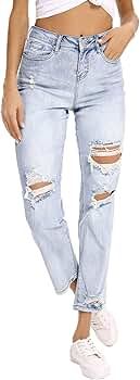 Resfeber Women's Ripped Boyfriend Jeans Stretch Distressed Jeans Crop Mom Jean with Holes at Amaz... | Amazon (US)