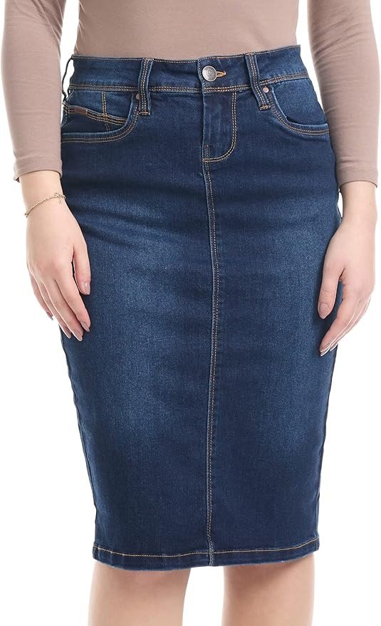 ESTEEZ Repreve Denim Knee-Length Jean Skirt for Women with Pockets - Melrose | Amazon (US)