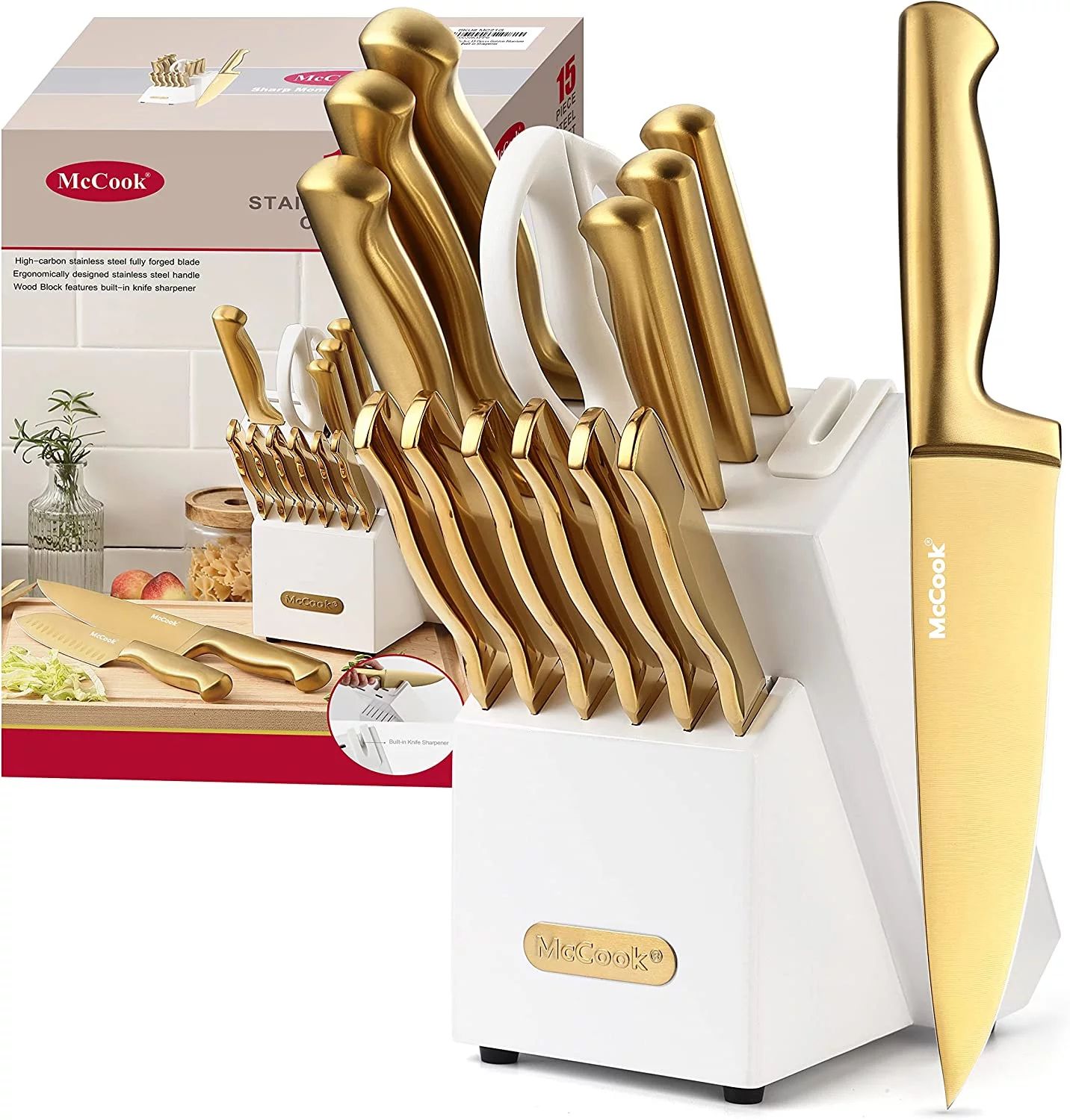 McCook Gold Knife Sets,15 Pieces Golden Titanium Kitchen Knife Block Sets with Built-in Sharpener | Walmart (US)