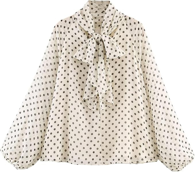 Chevara Women’s Polka Dot Print Blouse Bow Tie Neck Long Sleeve Chiffon Tops | Amazon (US)