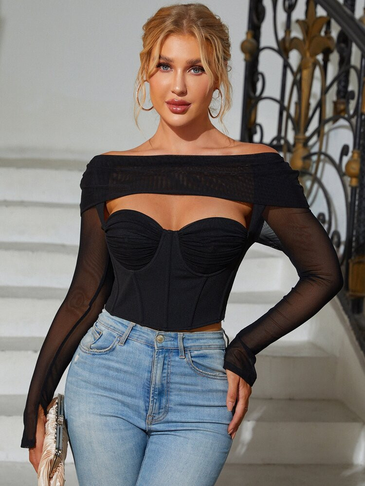 PARTHEA Cut Out Front Off Shoulder Ruched Bustier Mesh Corset Top | SHEIN