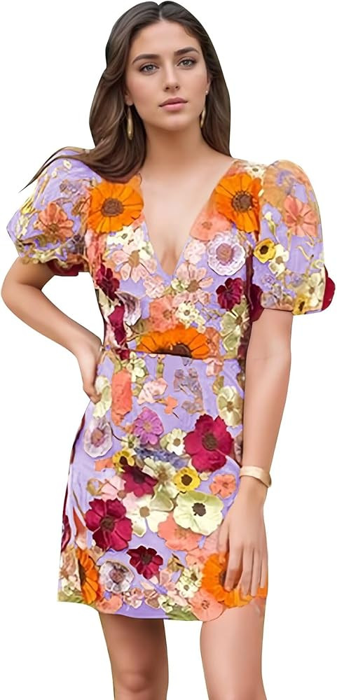 3D Floral Embroidery Homecoming Dresses Puffy Sleeve V Neck Bodycon Party Cocktail Mini Summer Dr... | Amazon (US)
