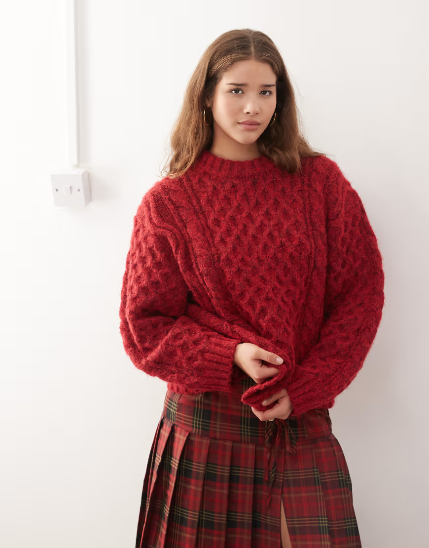 Monki wool blend chunky oversized cable knit sweater in red | ASOS (Global)