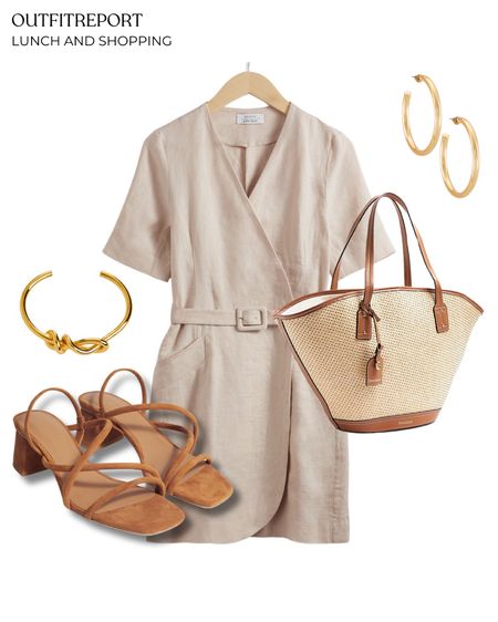 Beige outfit mini dress brown heeled sandals brown straw handbag gold earrings and bracelet 

#LTKstyletip #LTKshoes #LTKbag