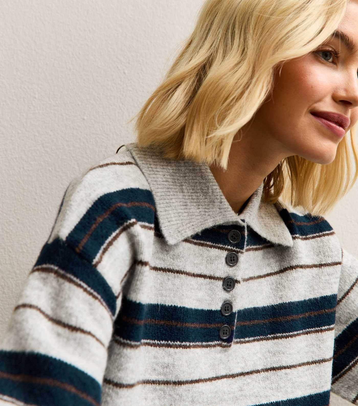 Grey Striped Knit Polo Jumper | New Look | New Look (UK)