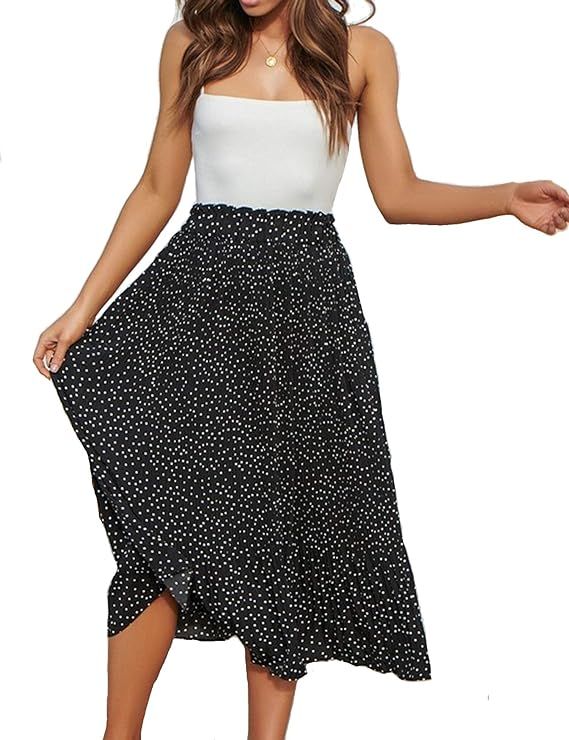 Relipop Women's Flared Skirt High Elastic Waist Polka Dot Pleated Midi Vintage Skirt | Amazon (US)