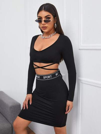 SHEIN Scoop Neck Lace Up Crop Tee | SHEIN