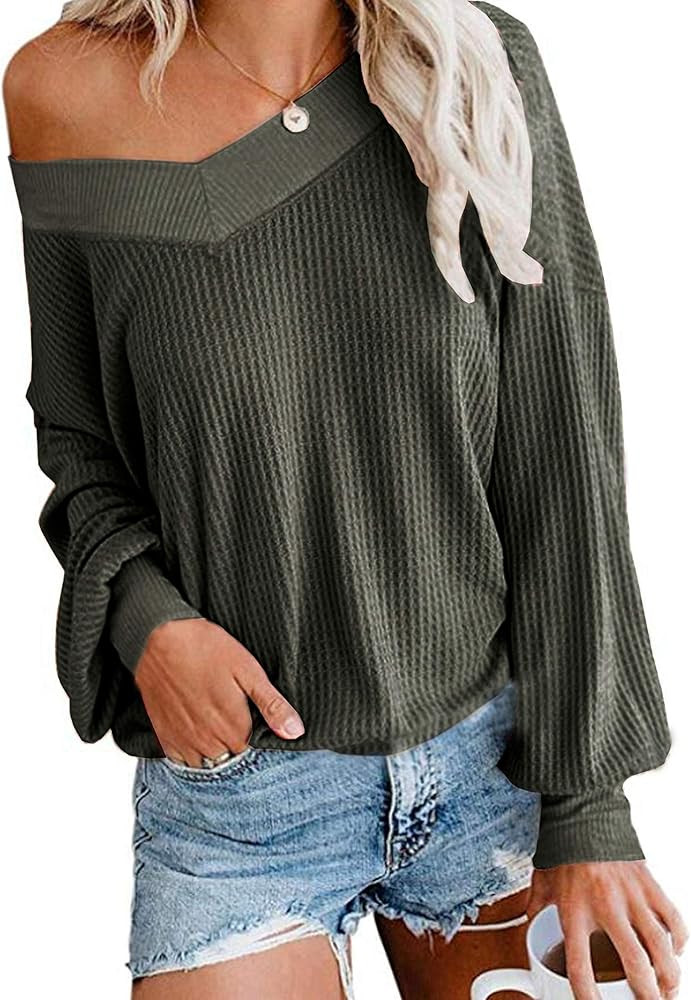 UGET Women's V Neck Long Sleeve Waffle Knit Top Off Shoulder Oversized Pullover Slouchy Sweater B... | Amazon (US)