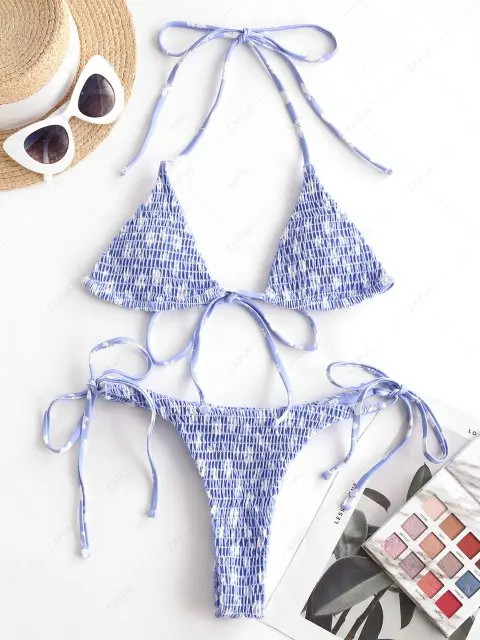 ZAFUL Ditsy Print Smocked String Bikini Swimwear - Blue S | ZAFUL (Global)