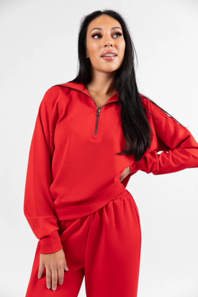 Let's Just Stay Red Quarter Zip Knit Pullover DOORBUSTER | Pink Lily