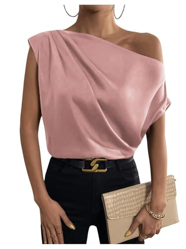 OYOANGLE Women's Satin Off The Shoulder Short Sleeve Asymmetrical Neck Ruched Work Office Blouse Top Dusty Pink Small | Amazon (US)