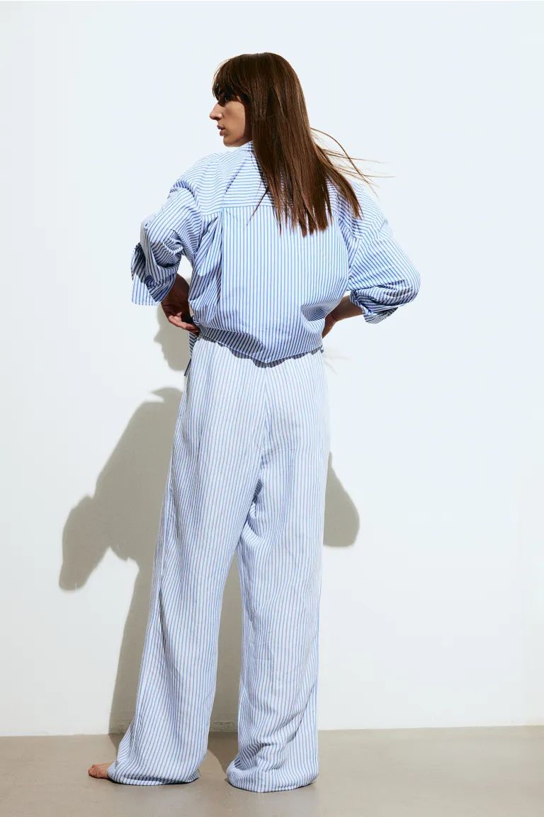 Linen-blend Pull-on Pants - White/blue striped - Ladies | H&M US | H&M (US + CA)