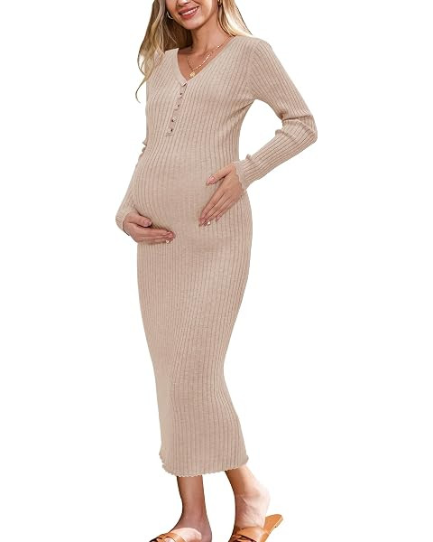 OUGES Women's Wool Blend 2024 Fall Maternity Sweater Dress V Neck Long Sleeve Slim Fit Ribbed Kni... | Amazon (US)