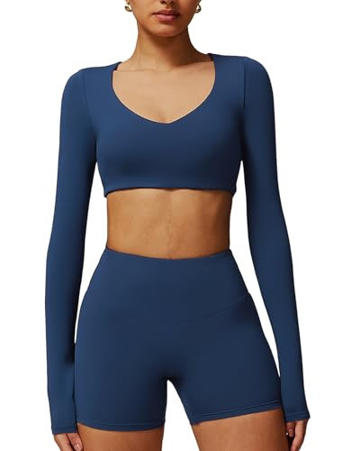 BOCOW Workout Tops for Women with Built in Bra V Neck Long Sleeve Gym Yoga Cropped T Shirt Top Slim Fit Athletic Basic Tee Fall Winter Gym Clothes V Neck Navy X-Small | Amazon (US)