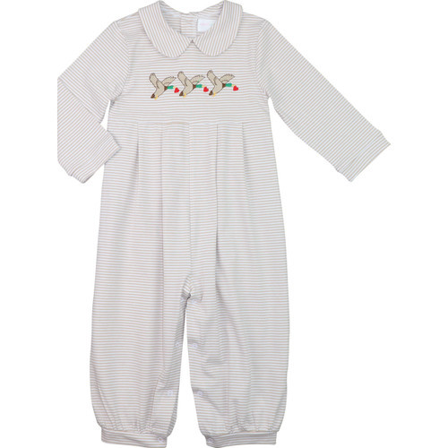 Khaki Stripe Knit Embroidered Mallard And Heart Long Romper - Shipping Late January | Cecil and Lou