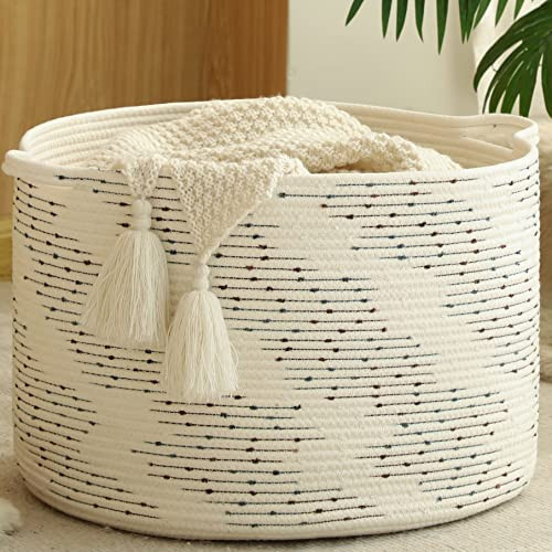 KAKAMAY Large Blanket Basket (20"x13"),Woven Baskets for storage Baby Laundry Hamper，Cotton Rope Blanket Basket for Living Room, Laundry, Nursery, Pillows, Off White with Blue & Brown Dotted Pattern | Amazon (US)