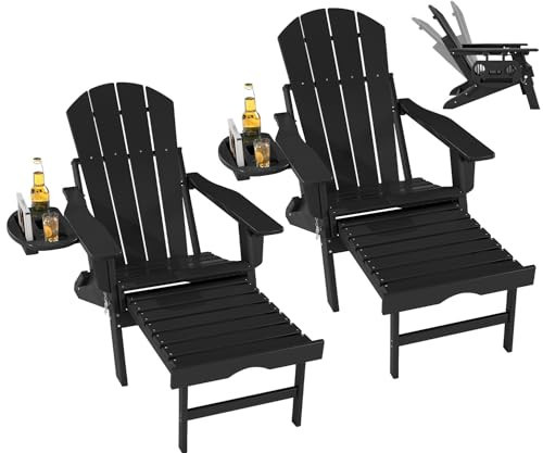 FOOWIN Folding Adjustable Adirondack Chair with Retractable Ottoman Set of 2,HDPE Adirondack Chair w/4 in 1 Cup Holder Trays,All-Weather Resistant Fire Pit Chair for Outdoor Patio Lawn, Black | Amazon (US)