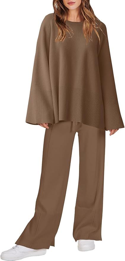 ANRABESS Women 2 Piece Outfits Sweatsuit Oversized Knit Pullover and Drawstring Wide Leg Pants Sw... | Amazon (US)