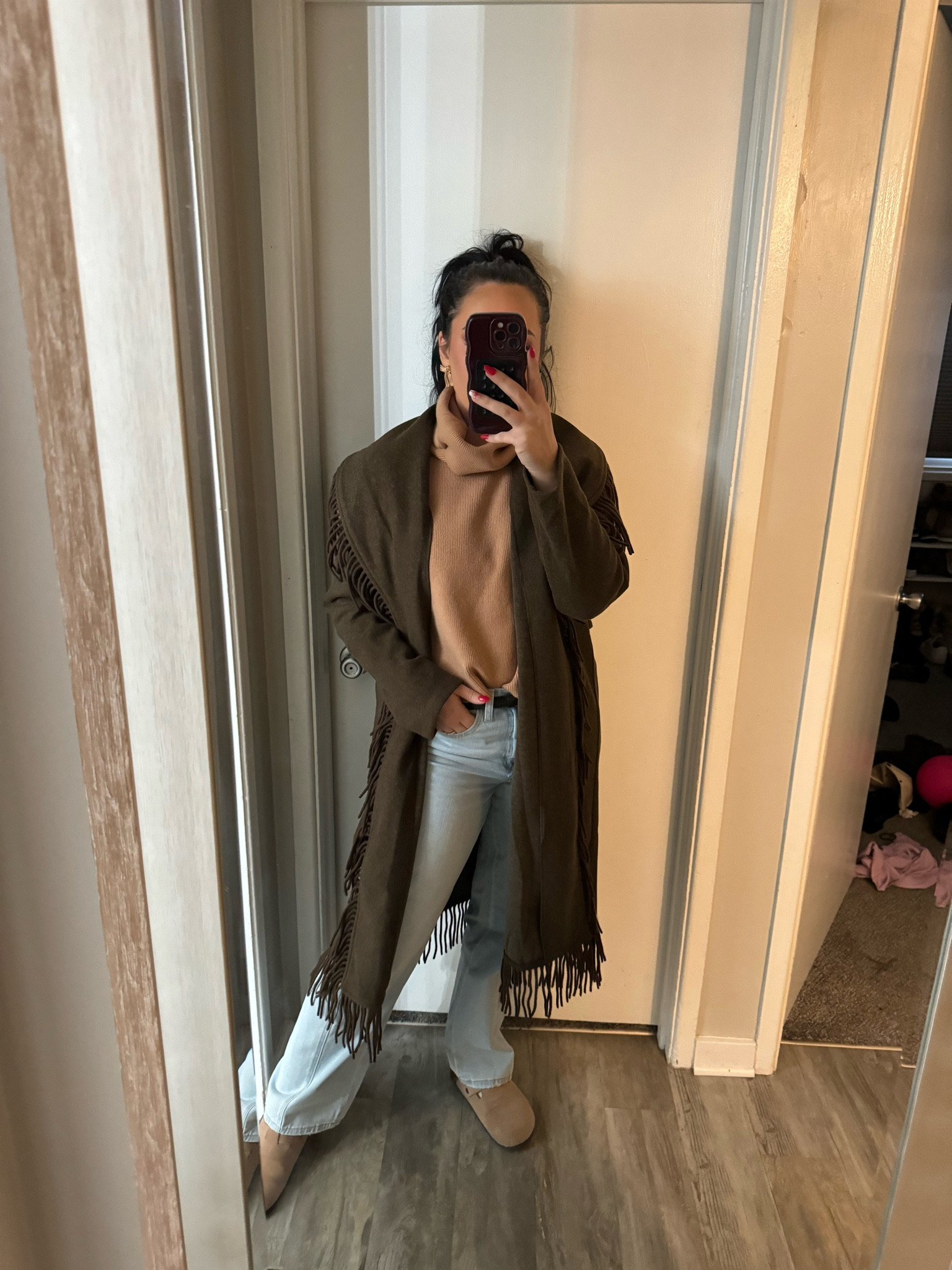 My coat is 50% off today!!! + sweater and jeans 1/2 off  Wearing a small in coat and sweater. Jeans have stretch and high waisted so TTS or size down




#LTKSeasonal #LTKGiftGuide #LTKWatchNow

Fringe coat
Winter outfit
Barrel jeans
Comfy outfit
Mom outfits
Fall outfits


#LTKStyleTip #LTKFindsUnder100 #LTKSaleAlert