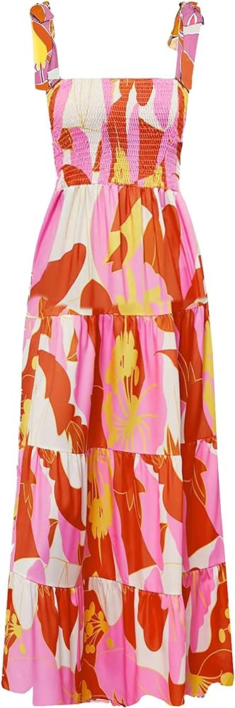 kinstell Women's Summer Boho Spaghetti Strap Square Neck Ruffle Casual Flowy Long Dress Beach Swi... | Amazon (US)