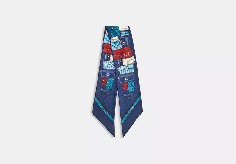 Coach Stacked Tabby Bags Print Silk Skinny Scarf - Women's - Navy Multi | Coach (US)