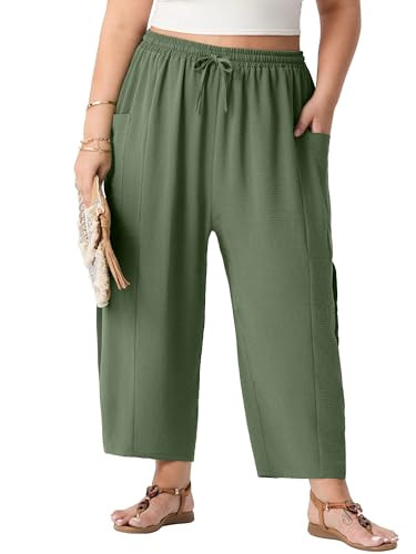 OLRIK Plus Size Summer Pants – High Waisted Wide Leg Cropped Boho Pants with Drawstring & Pocke... | Amazon (US)
