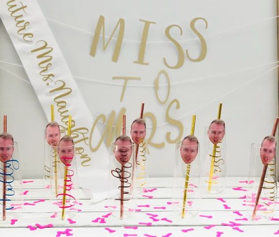 Personalized Bachelorette Party Kit: 8 flutes w/ names, 8 grooms face gold straws, pink manhood c... | Etsy (US)