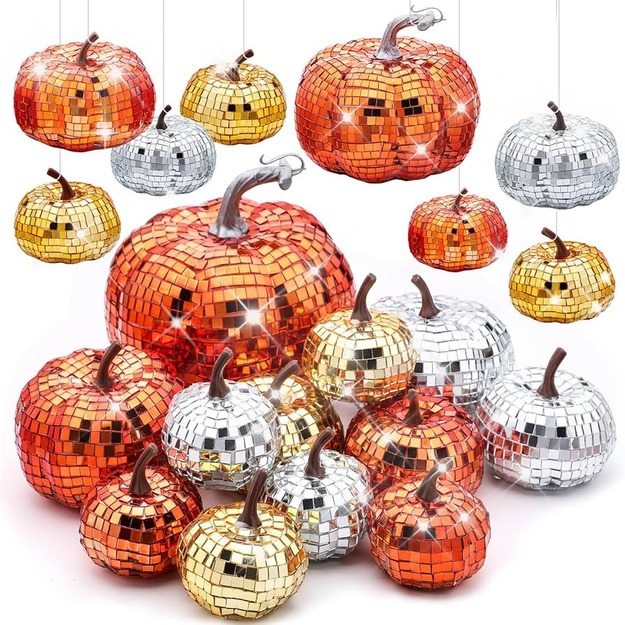 Lenwen 12 Pcs Artificial Disco Pumpkin Glitter Mirror Pumpkin Fall Farmhouse Hanging Ornament Har... | Amazon (US)