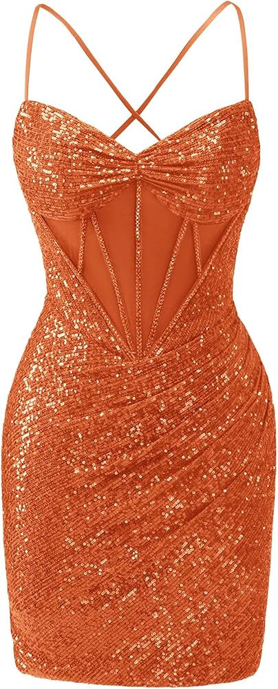 Sparkly Sequin Homecoming Dresses Spaghetti Straps V-Neck Short Prom Dress for Teens Bodycon Ruch... | Amazon (US)