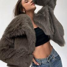 Solid Color Faux Rabbit Fur Long Sleeve Winter Warm Coat | SHEIN