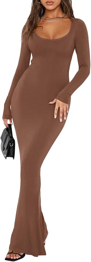 REORIA Womens Basic Sexy Square Neck Long Sleeve Soft Lounge Long Dress Fall Casual Ribbed Bodyco... | Amazon (US)