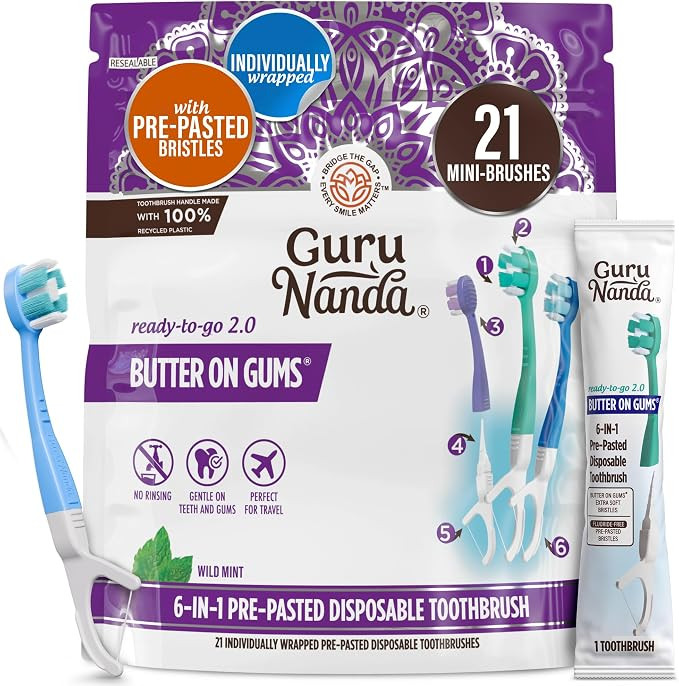 GuruNanda Disposable Travel Toothbrush 2.0, Fluoride Free Toothpaste, 21 ct | Amazon (US)