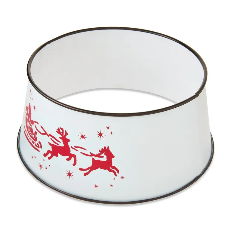 Metal Mini Christmas Tree Collar Indoor Decor, White with Red Edges and Sleigh Print, 9", by Holi... | Walmart (US)