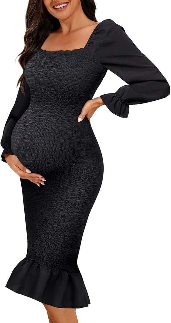 Maternity Dresses Baby Shower - Fall Long Sleeve Floral Smocked Bodycon Mermaid Midi Dress | Amazon (US)