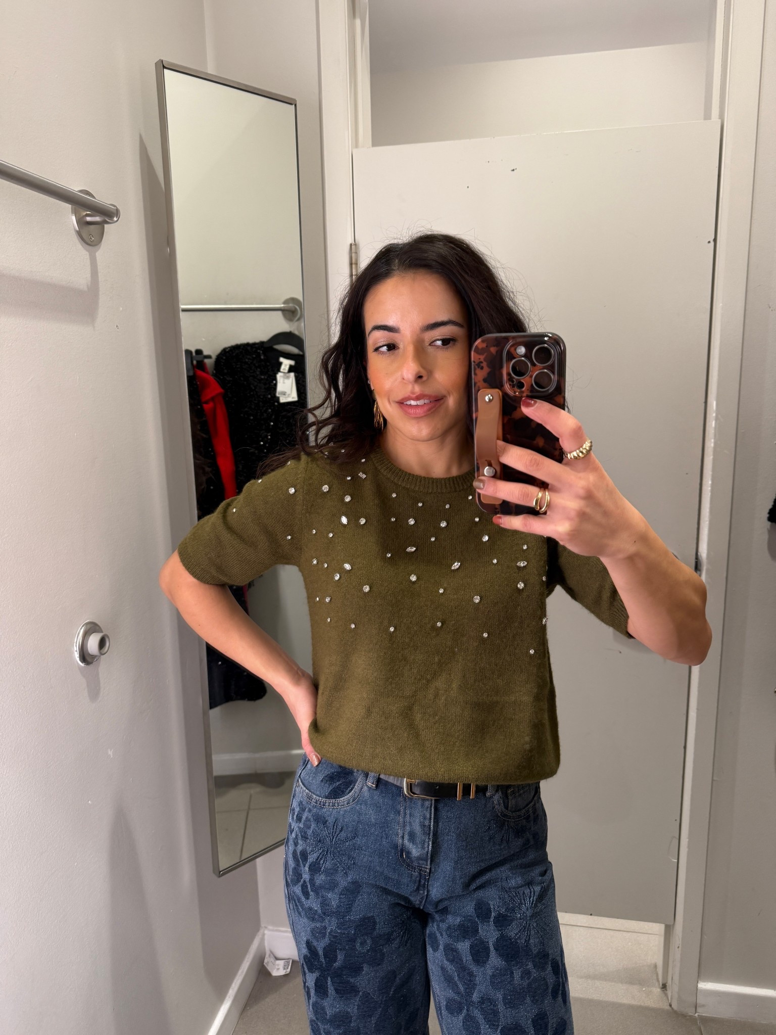 H&M cozy short sleeve sweater with rhinestones for winter in olive and size small. 

#LTKHoliday #LTKFindsUnder50 #LTKPetite