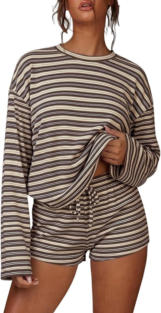 MakeMeChic Women's Striped Lounge Set Two Piece Matching Shorts Sets | Amazon (US)
