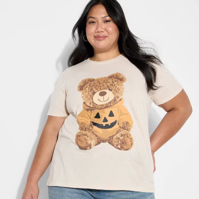 Women's Teddy Bear Pumpkin Short Sleeve Graphic Boyfriend T-Shirt - Beige S | Target