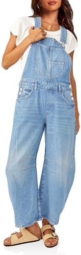 PLNOTME Womens Denim Bib Overalls Barrel Leg Adjustable Strap Jean Pants Jumpsuits with Pockets | Amazon (US)