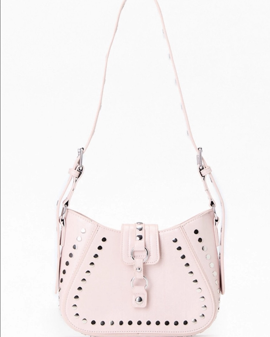 Cool toned pink faux leather studded shoulder bag  