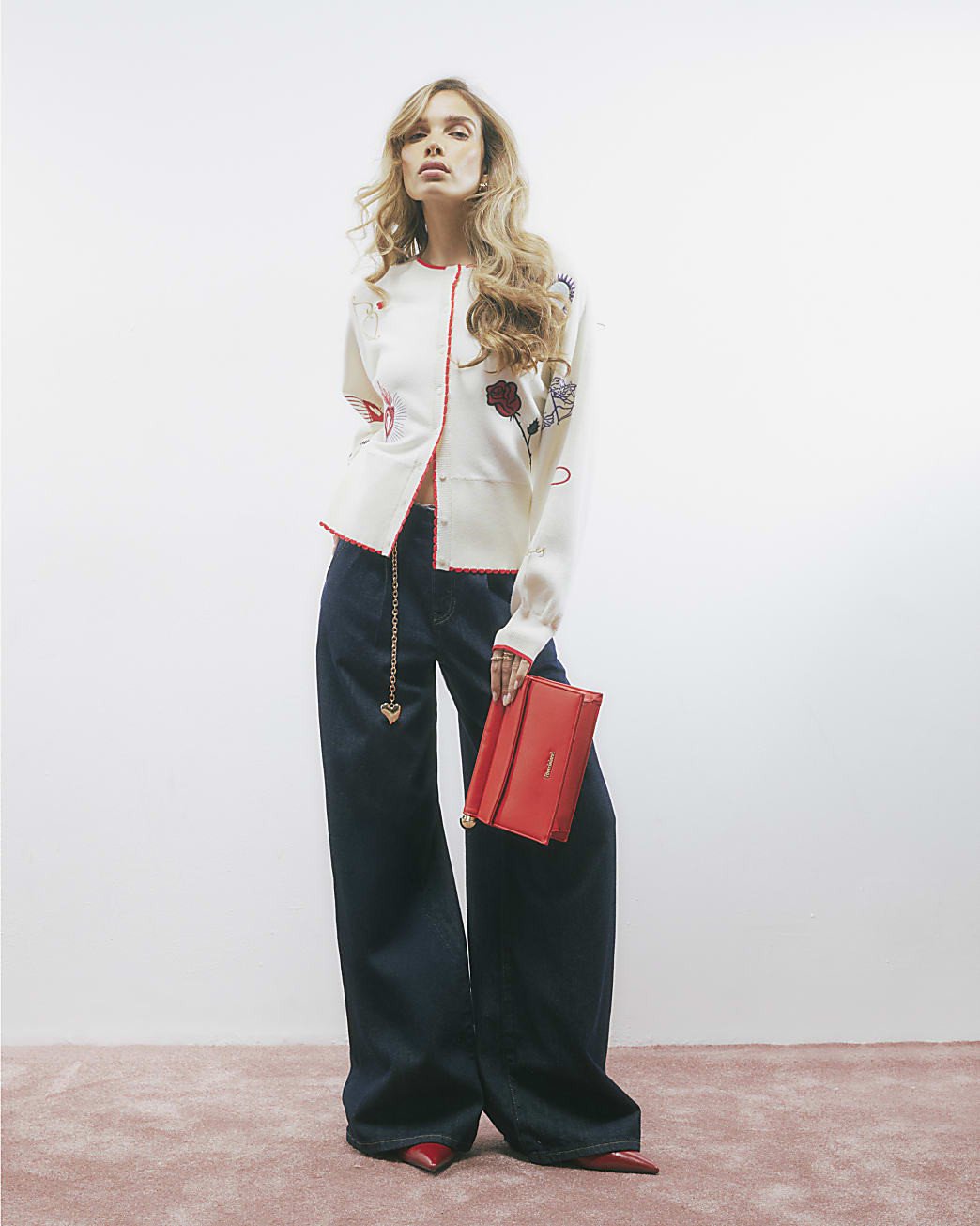 Cream Knitted Embroidered Heart Cardigan | River Island UK & IE