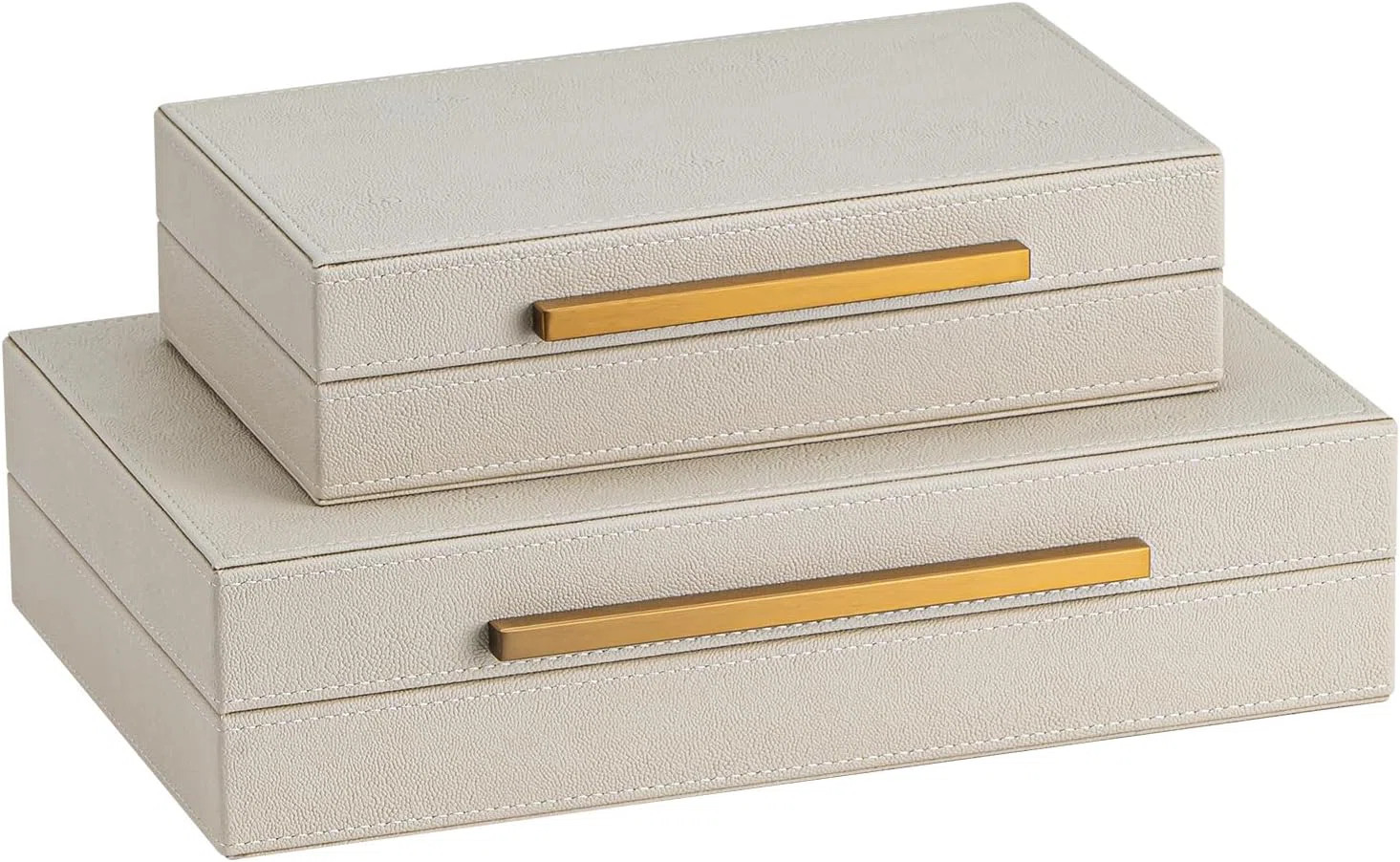 Set of 2 Beige Shagreen Decorative Storage Boxes with Gold Metal Handles | Wayfair North America