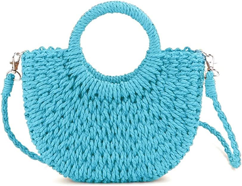 Mini Semi-circle Rattan Straw Bag, Hand-woven Women Summer Retro Beach Tote Shoulder Bag Crossbod... | Amazon (US)