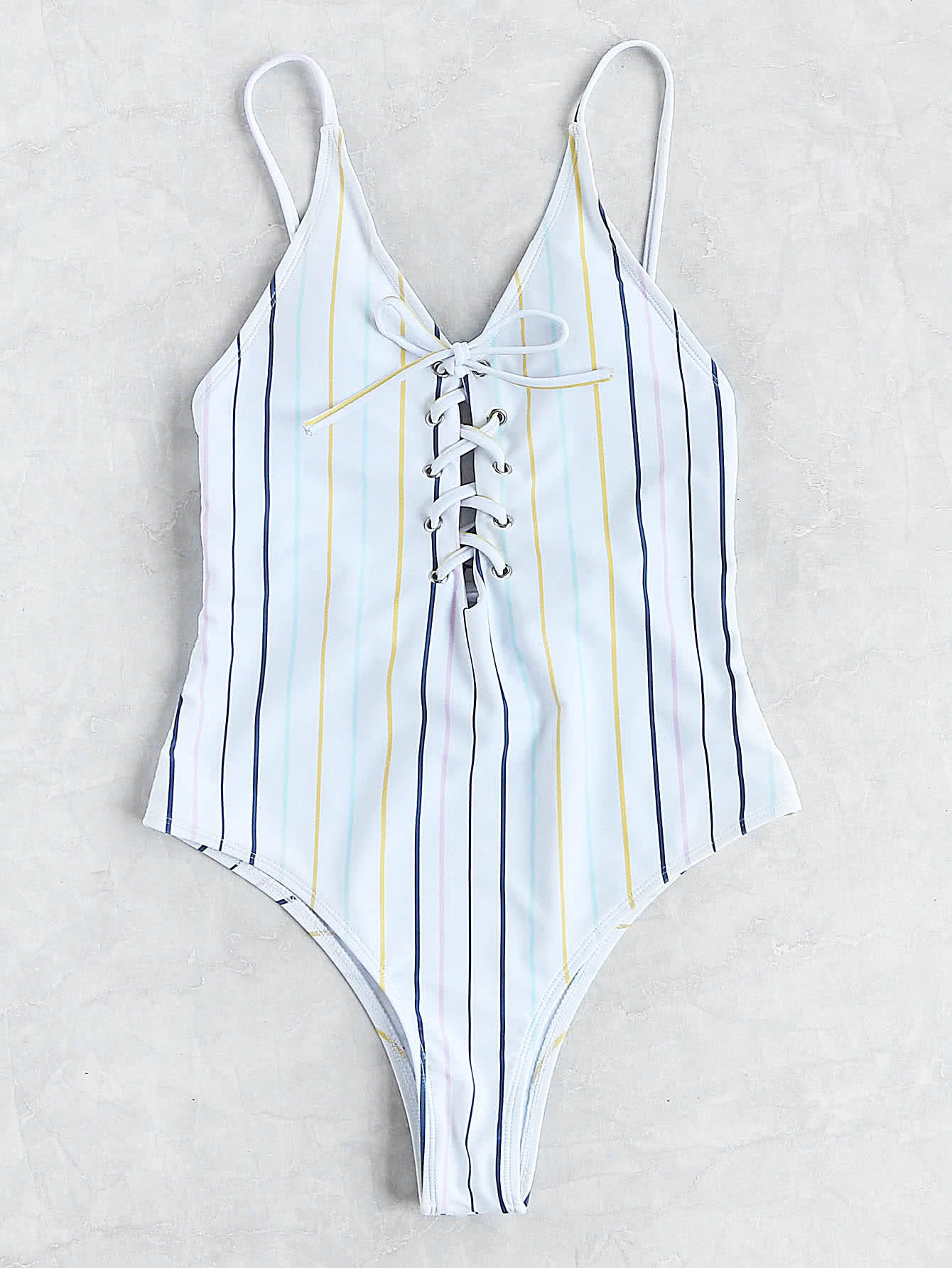 Striped Lace Up Cami Swimsuit | SHEIN
