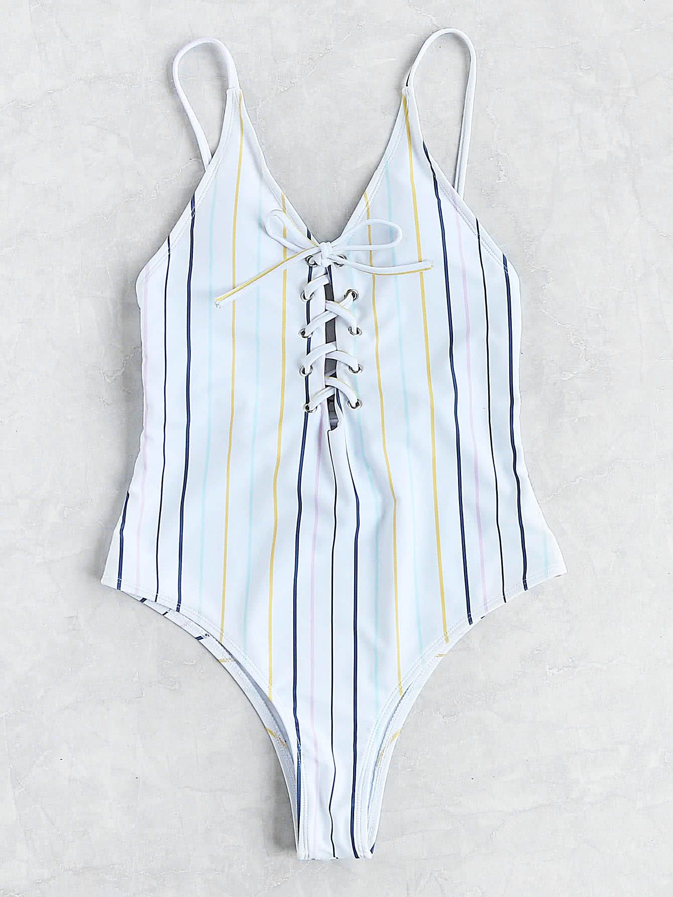 Striped Lace Up Cami Swimsuit | SHEIN