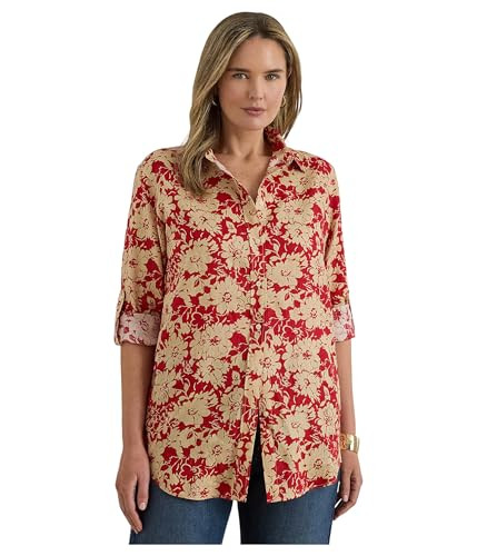 Lauren Ralph Lauren, Women's, Plus Size Relaxed Fit Floral Linen Shirt, Red/Tan, XX-Large | Amazon (US)