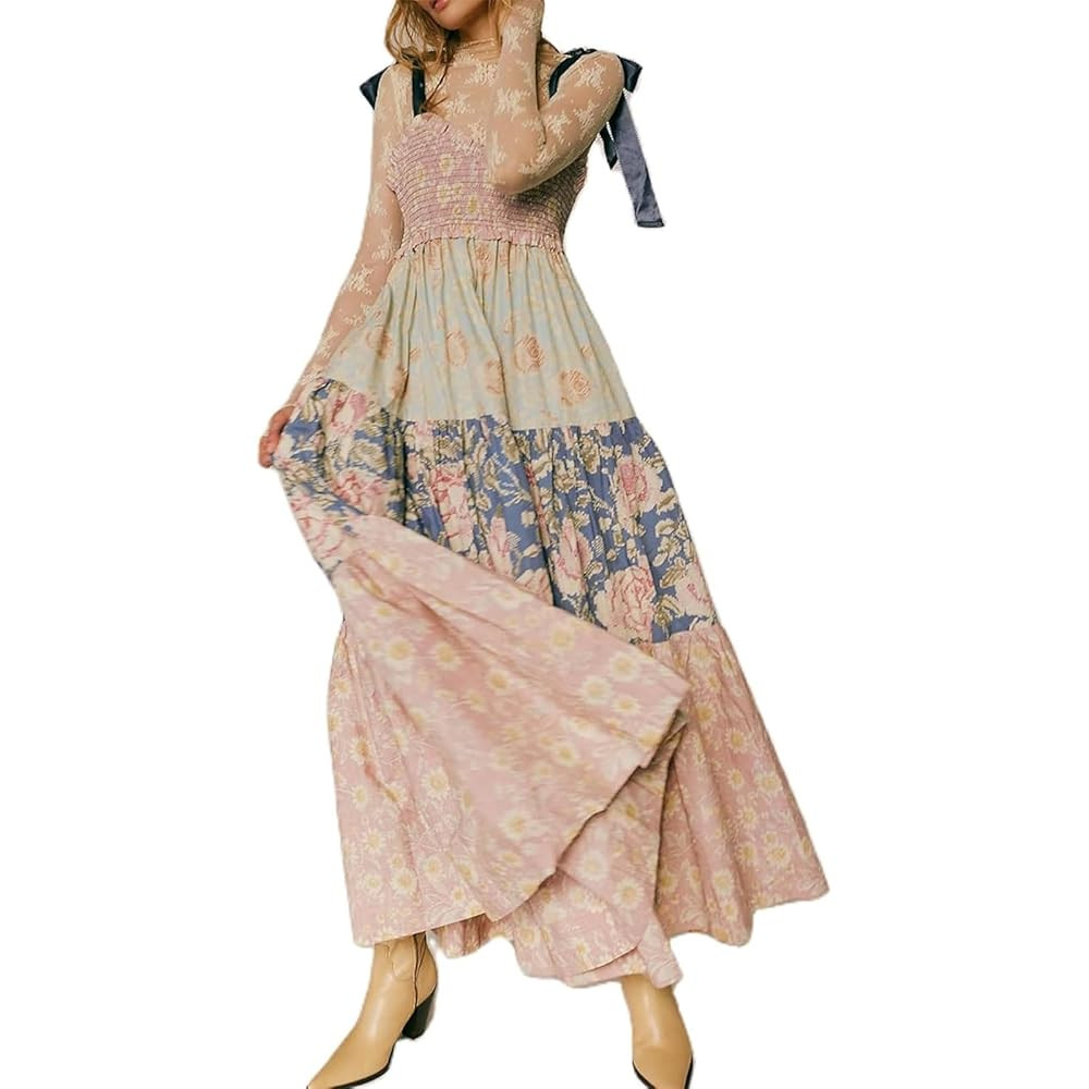 Women Floral Boho Sundress Tie Shoulder Smocked Patchwork Flowy Maxi Dresses with Pockets Summer ... | Amazon (US)