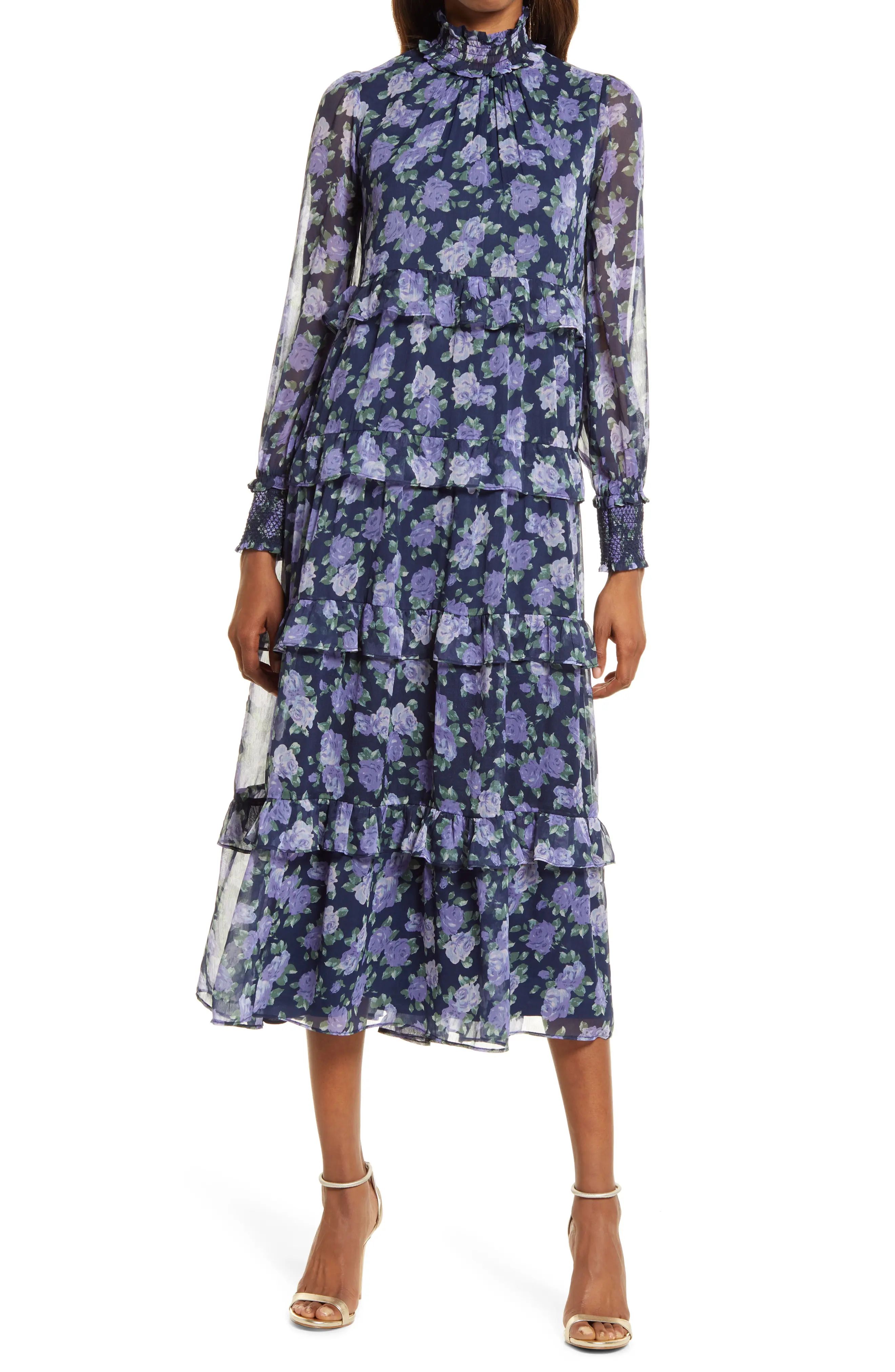 Women's Saylor Karli Floral Long Sleeve Tiered Dress, Size Large - Blue | Nordstrom