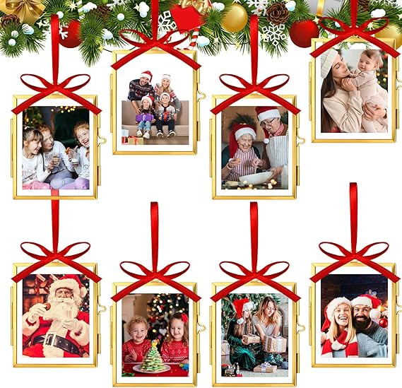 Qunclay 8 Set Christmas Vintage Brass Glass Photo Ornaments with Locket Closure Antique Gold Orna... | Amazon (US)