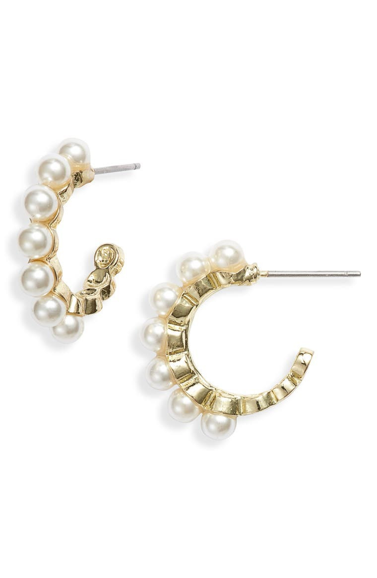 Stella + Ruby Imitation Pearl Studded Hoop Earrings | Nordstrom | Nordstrom