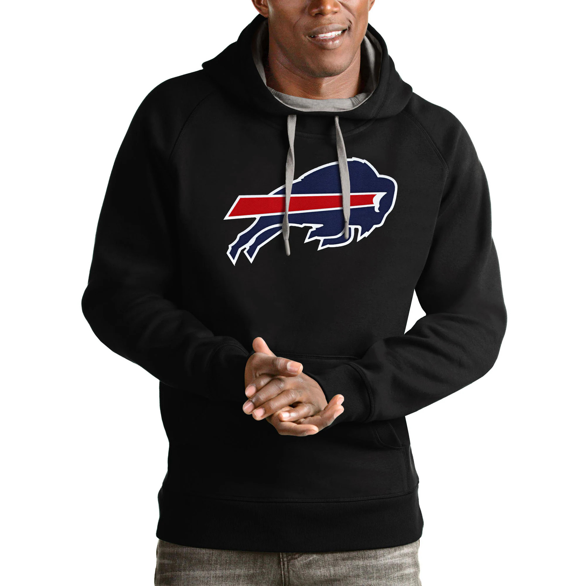 Men's Buffalo Bills Antigua Black Victory Pullover Hoodie | NFL Shop